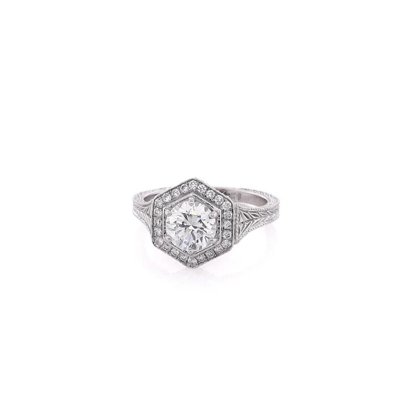 Discounted Luxury Jewelry – Shine Without The Splurge Estate 14 Karat White Gold Engraved Tapered Shank Diamond Engagement Ring with GIA Certification BT-SM1001640-02