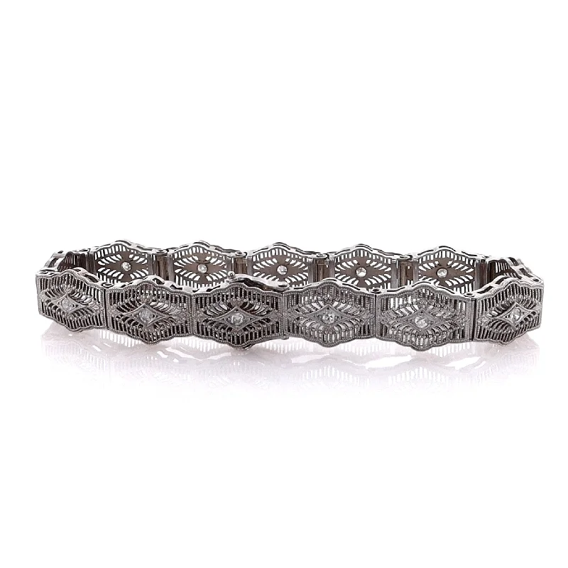 Handmade Pearl Jewelry For Timeless Elegance Estate 14 karat White Gold Filagree Fence Link Diamond Bracelet