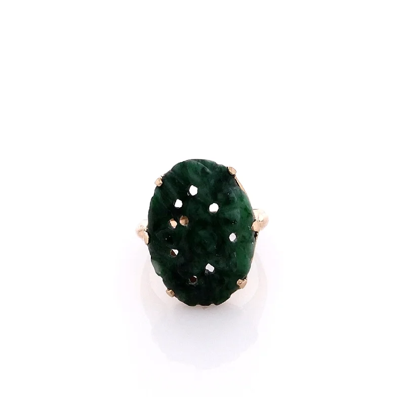 Affordable Elegance – Special Jewelry Sale Now Live Estate 14 Karat Yellow Gold Oval Carved Jadeite Ring