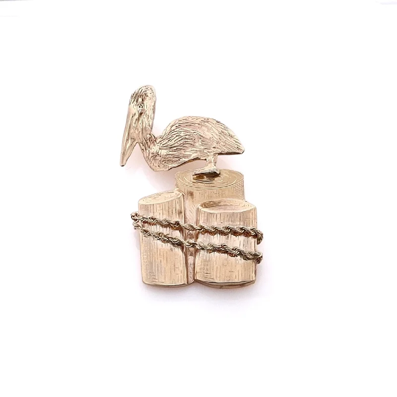 Affordable Luxury Jewelry For Every Occasion Estate 14 Karat Yellow Gold Pelican Standing on Wood Pier Pilings Brooch