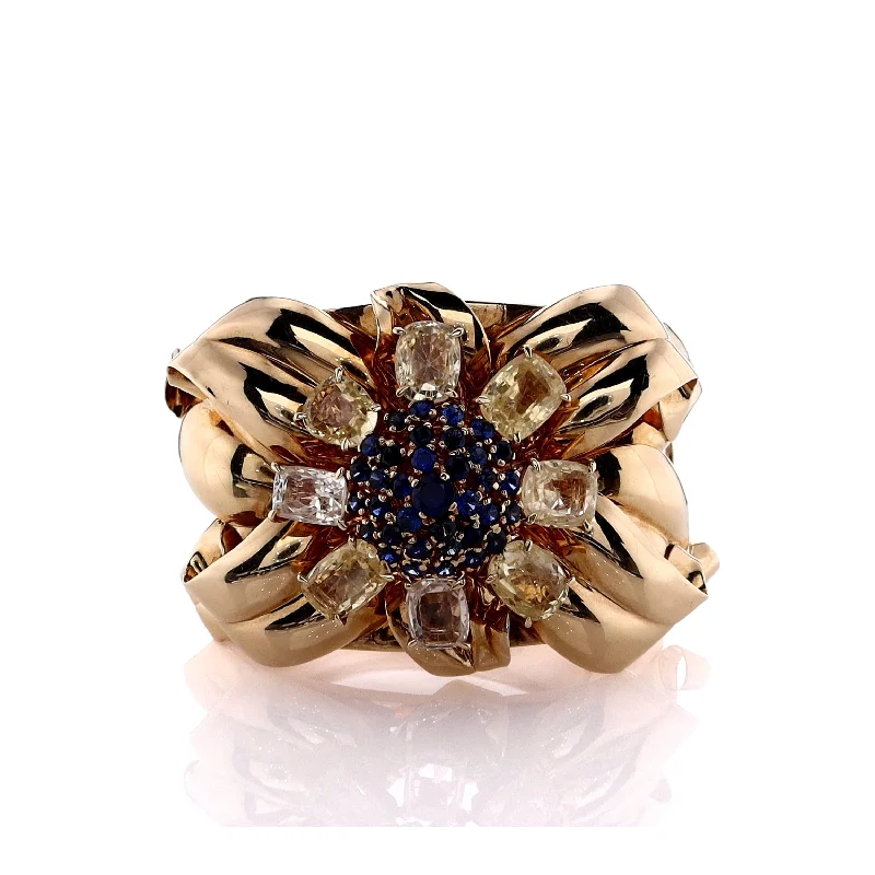 Dainty Floral Jewelry For Feminine Elegance Estate 14k Yellow Gold Hinged Flower Multi-Color Sapphire Bangle Bracelet