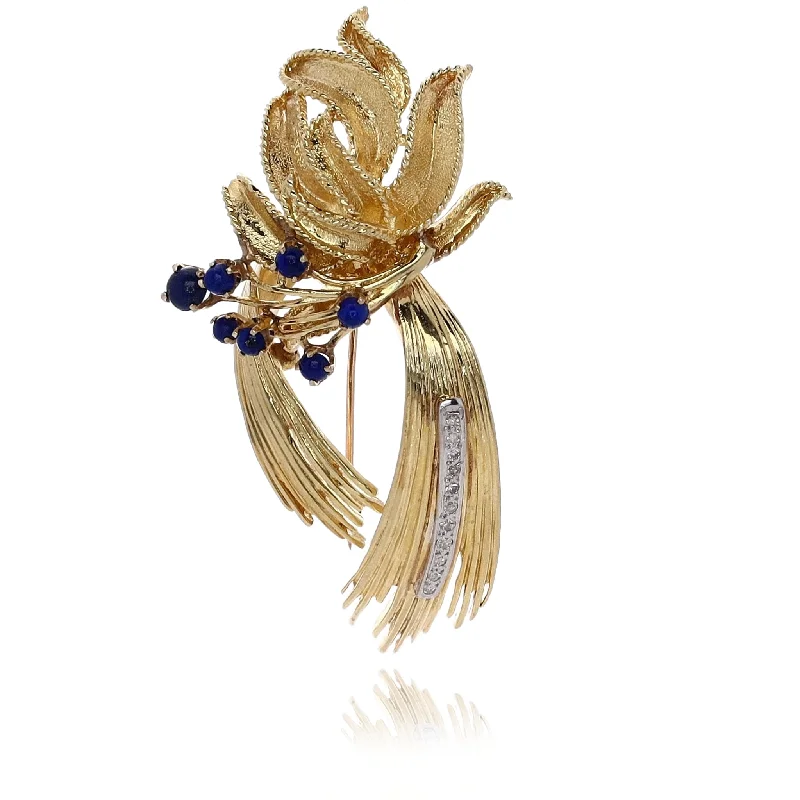 Get The Jewelry You Love At A Price You Love Estate 18 Karat Two-Tone and 14 Karat Rose Gold Lapis and Diamond Spray Design Brooch