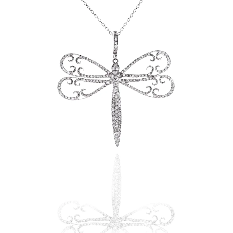 Best-Selling Jewelry Now Available At Special Deals Estate 18 Karat White Gold Dragonfly Diamond Pendant Necklace