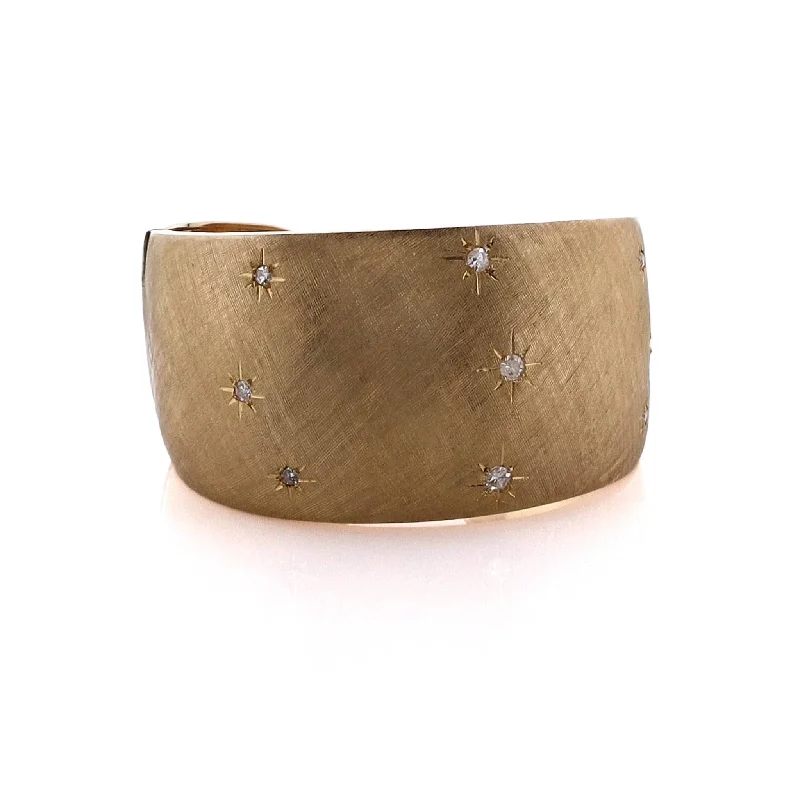 Last Chance To Shop High-End Jewelry At Markdown Prices Estate 18 Karat Yellow Gold Diamond Hinged Wide Tapered Florentine Finish Cuff Bracelet