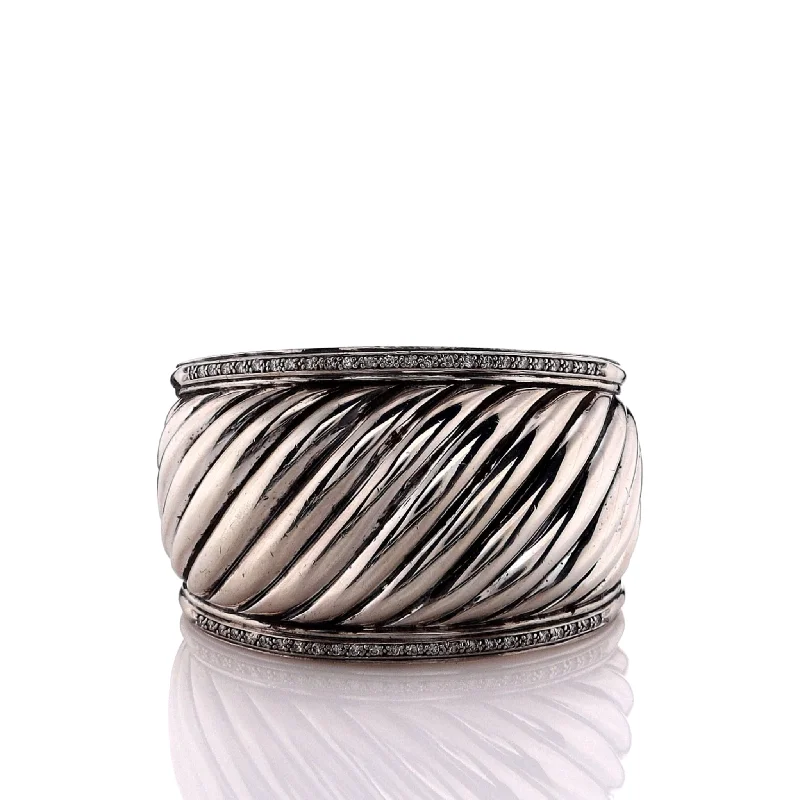 Limited-Time Jewelry Sale – Don't Miss These Deals Estate David Yurman Sterling Silver Tapered Ribbed Diamond Cuff Bracelet