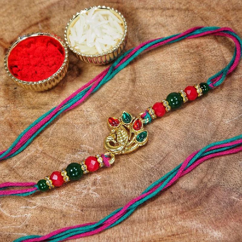 Seasonal Jewelry Deals – Elevate Your Style Etnico Gold Plated Ethnic Peacock Design Beads Kundan Rakhi Bracelet with Roli chawal for Brother/Men (R046-R)