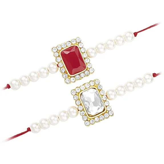 Premium Jewelry Now Available At Special Discounts Etnico I Jewels 18k Gold Plated Designer Stone Pearl Studded Combo Rakhi Bracelet for Men/Brother/Bhaiya (Pack of 2) (R010R-W)