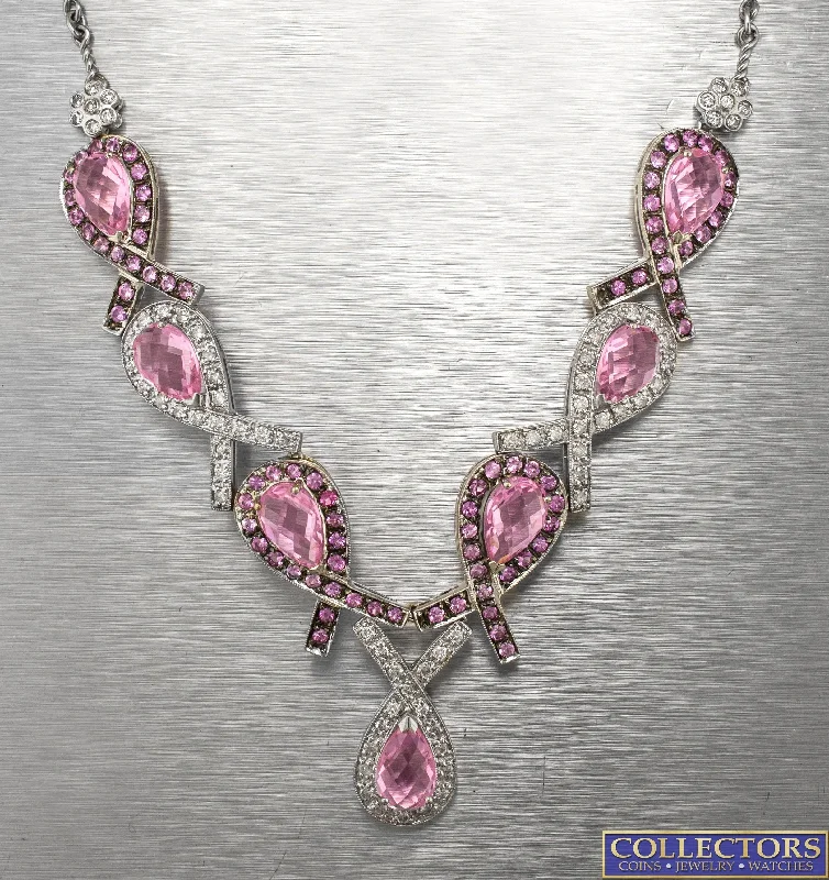 High-End Sparkle, Low-End Prices – Jewelry Sale Live Ladies 14K Gold 22.30ctw Pink Sapphire Diamond Ribbon Breast Cancer Necklace