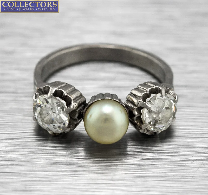 Limited-Stock Jewelry Sale – Once It's Gone, It's Gone Ladies Antique Estate 14K White Gold 1 CT Old Mine Diamond Pearl Cocktail Ring
