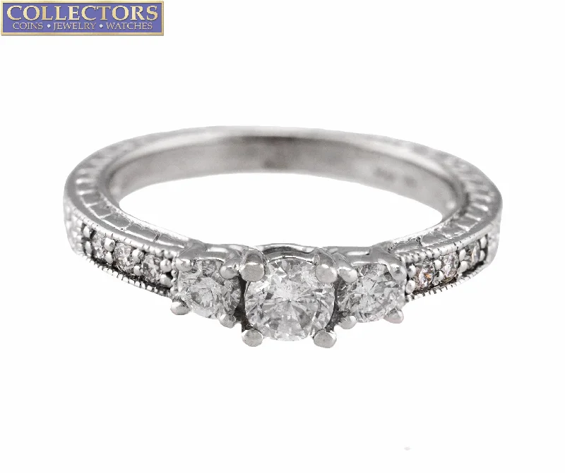 Customized Silver Jewelry For Unique Style Ladies Modern 14K White Gold 0.57ctw Diamond Etched Milgrain Engagement Ring