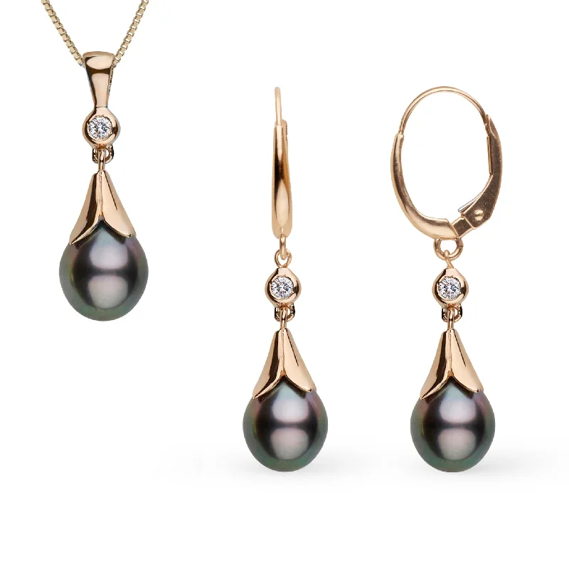 Fashion-Forward Jewelry At Incredible Prices Lilium Collection 9.0-10.0 mm Tahitian Drop Pearl and Diamond Pendant and Earrings Set