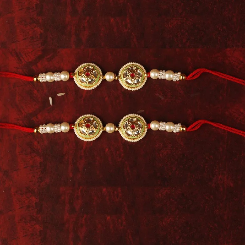 Seasonal Jewelry Deals – Elevate Your Style Raddhi Jewels Enamel Kundan Pearl Set of 2 Rakhi For Brother/Bhai/Bro