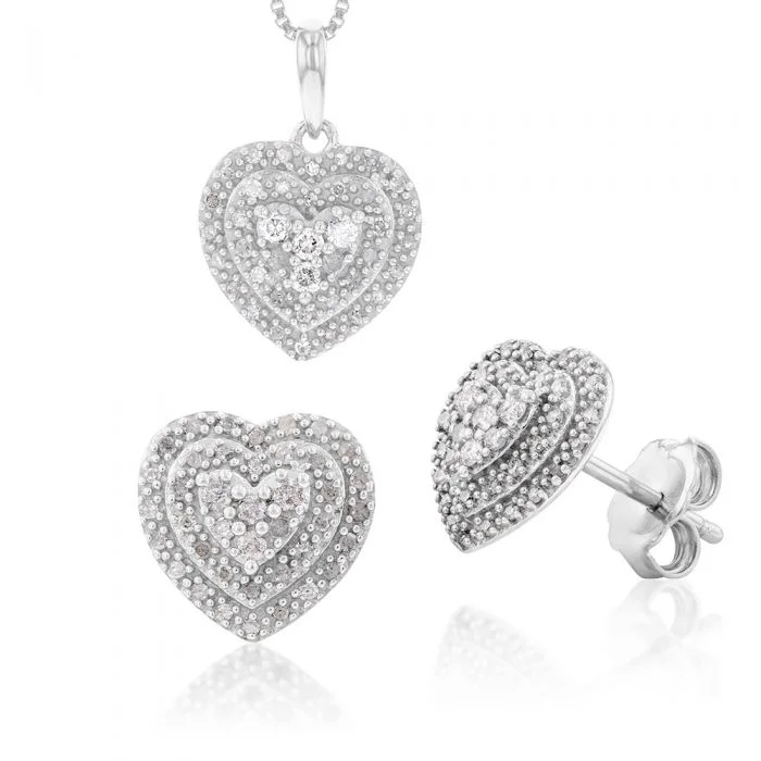 Timeless Elegance, Temporary Discounts – Act Fast Sterling Silver 1/2 Carat Diamond Pendant and Earring Heart Shape Set on 46cm Chain